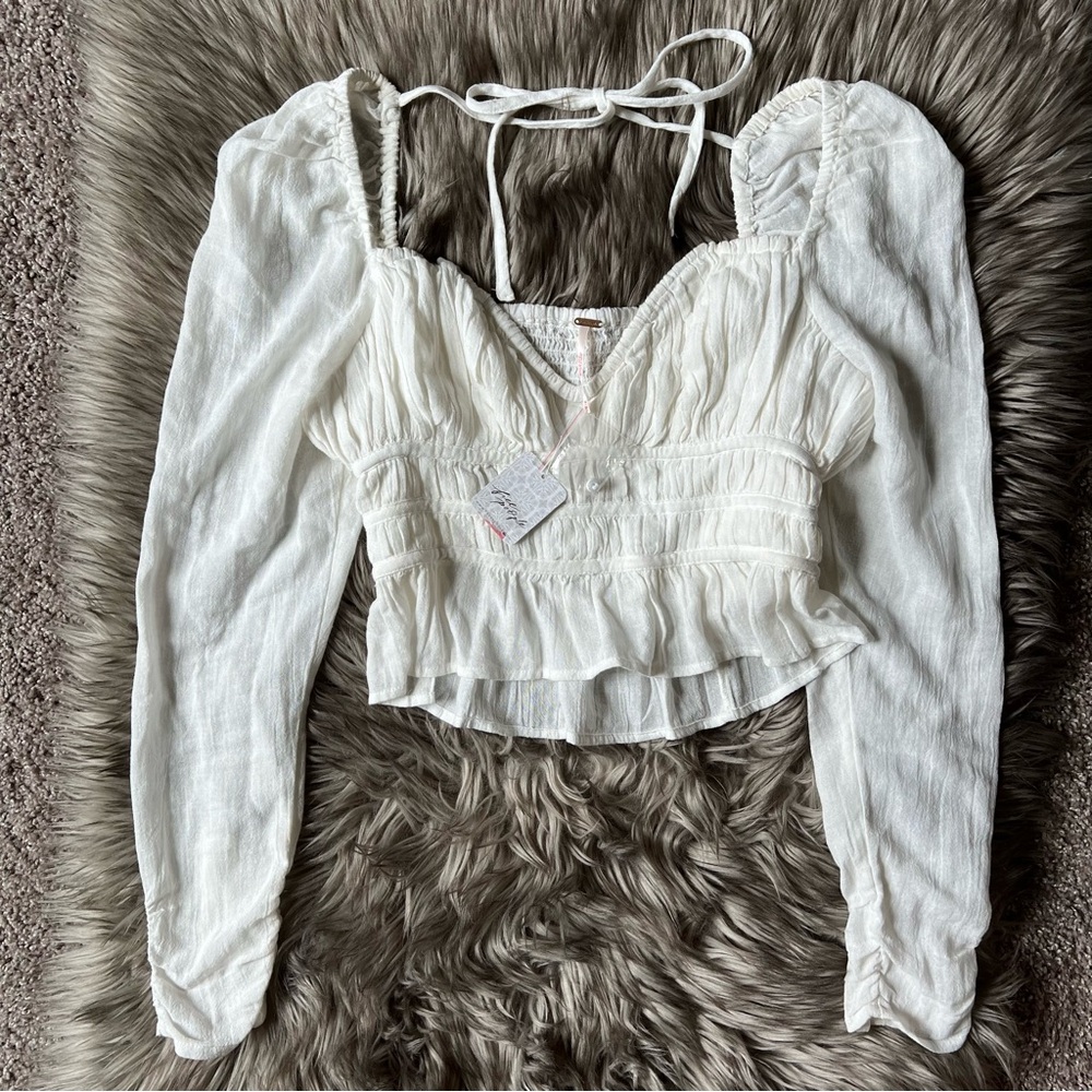 Free People Cottagecore Chloe Long Sleeve Smocked Cotton Top – White, XS, NWT
